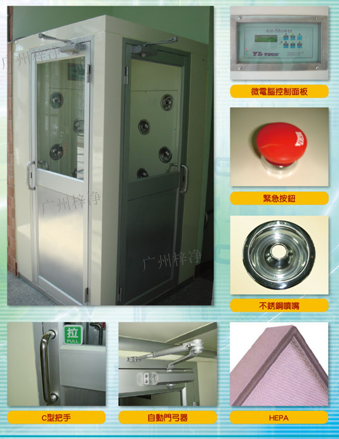 轉(zhuǎn)角風(fēng)淋室吹淋原理:初效過濾器--離心風(fēng)機(jī)--靜壓箱--高效過濾器--噴嘴高速噴出--內(nèi)循環(huán)風(fēng)。